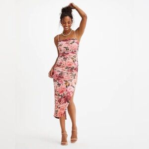 Express Conscious Edit Body Contour Floral Print Ruched Mesh Midi Dress